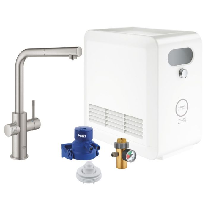Keittiöhana Grohe Blue Professional L Supersteel ulosvedettävällä käsisuihkulla + jäähdytin
