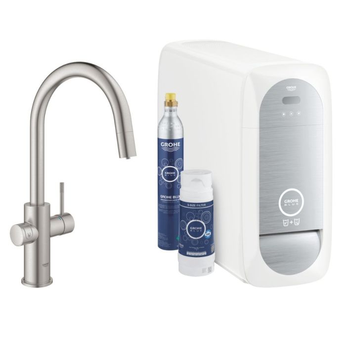 Keittiöhana Grohe Blue Home C Supersteel ulosvedettävällä käsisuihkulla + vedensuodatin + jäähdytin + kaasupullo