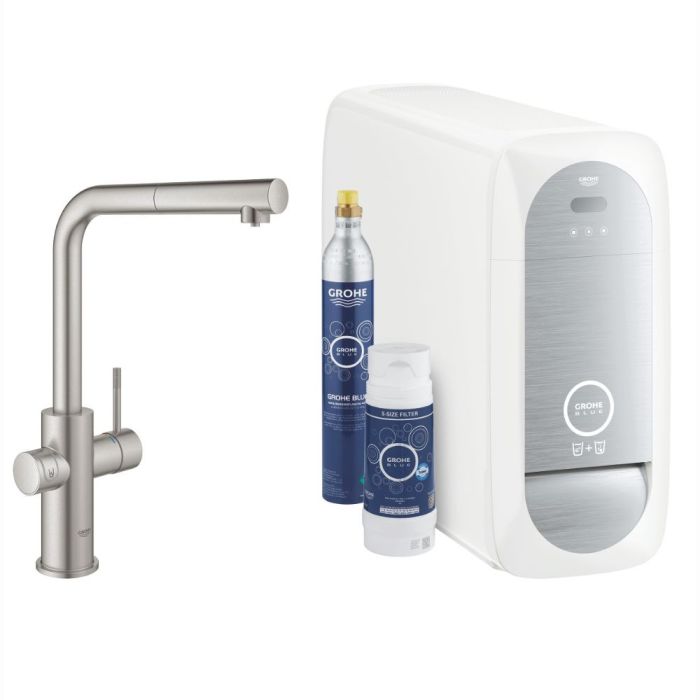 Keittiöhana Grohe Blue Home L ulosvedettävällä käsisuihkulla Supersteel + vesisuodatin + jäähdytin + kaasupullo