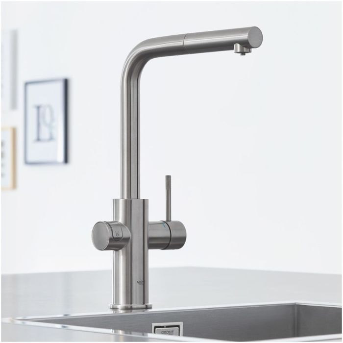 Keittiöhana Grohe Blue Home L ulosvedettävällä käsisuihkulla Supersteel + vesisuodatin + jäähdytin + kaasupullo