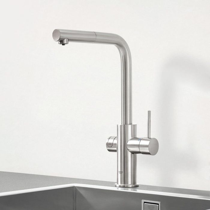 Keittiöhana Grohe Blue Professional L Supersteel ulosvedettävällä käsisuihkulla + jäähdytin