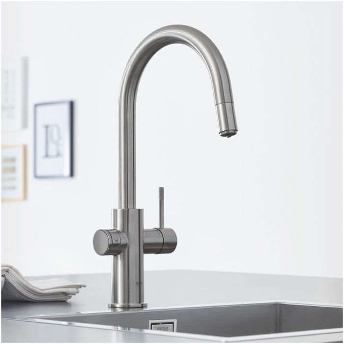 Keittiöhana Grohe Blue Home C Supersteel ulosvedettävällä käsisuihkulla + vedensuodatin + jäähdytin + kaasupullo