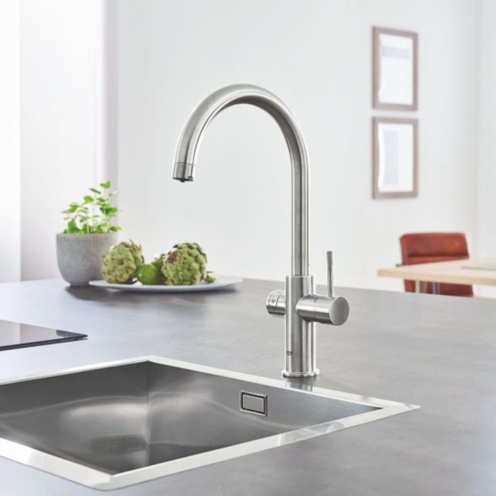 Keittiöhana Grohe Blue Home C Supersteel + suodatin + jäähdytin + hiilidioksidipullo