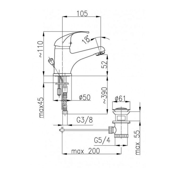 Pesuallashana Armatura Atut, jossa on pohjaventtiili