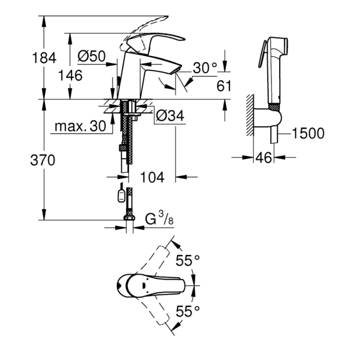 Suihkusekoitin Grohe Eurosmart S-Size bideesuihkulla Climate Care