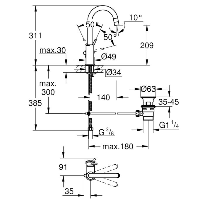 Suihkuhana Grohe Start Classic L-Size, jossa on pohjaventtiili