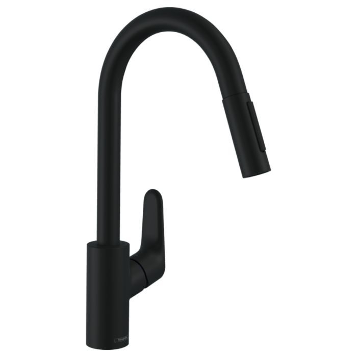 Keittiösekoitin Hansgrohe Focus M41 240 mattamusta, jossa on ulosvedettävä käsisuihku
