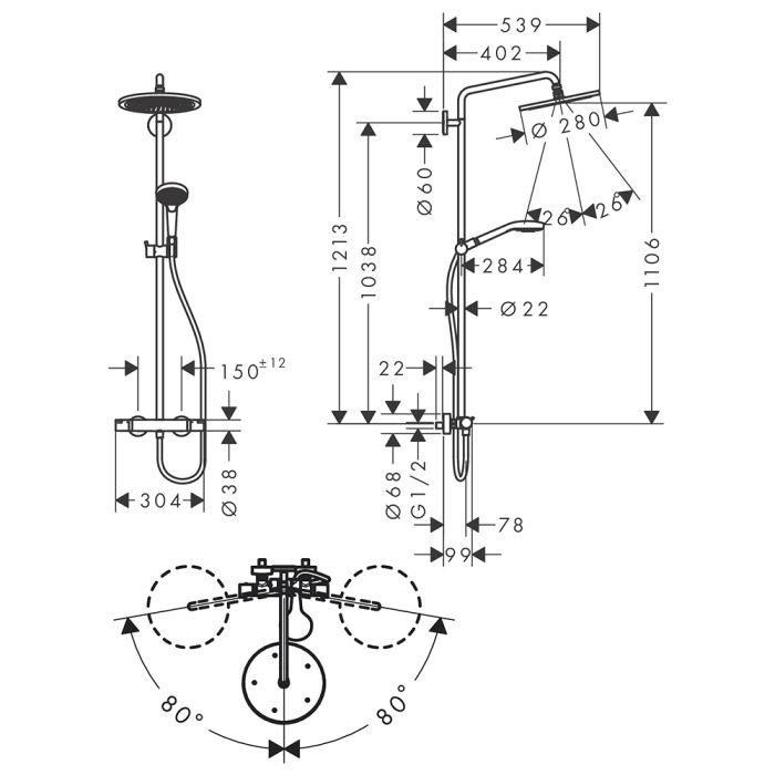 Suihkusetti Hansgrohe Croma Select S Suihkuputki 280 1jet harjattu pronssi