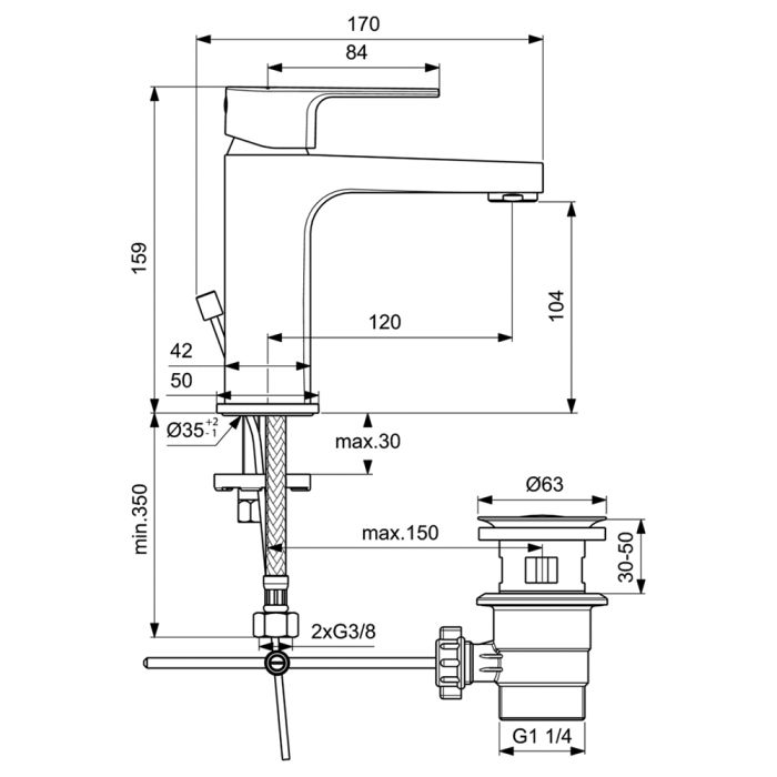 Pesuallashana Ideal Standard Cerafine D BC491, jossa on pohjaventtiili