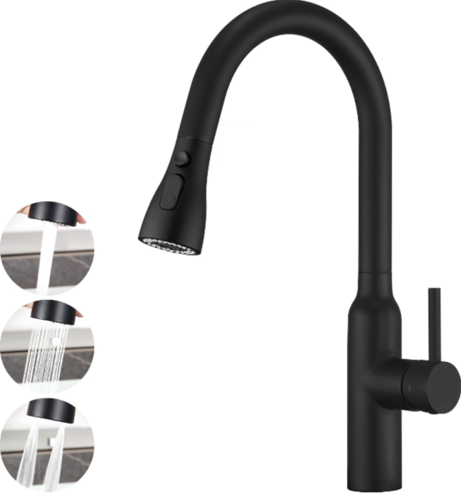 Keittiöhana Wasser Modern Onyx, jossa on ulosvedettävä käsisuihku