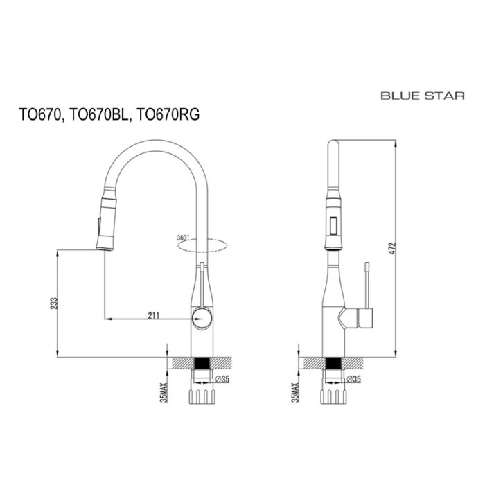 Keittiöhana Blue Star Torino 670, jossa on mattamusta ulosvedettävä käsisuihku