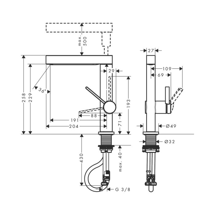 Pesuallashana Hansgrohe Finoris 230 mattamusta, jossa on ulosvedettävä käsisuihku, jossa on pohjaventtiili