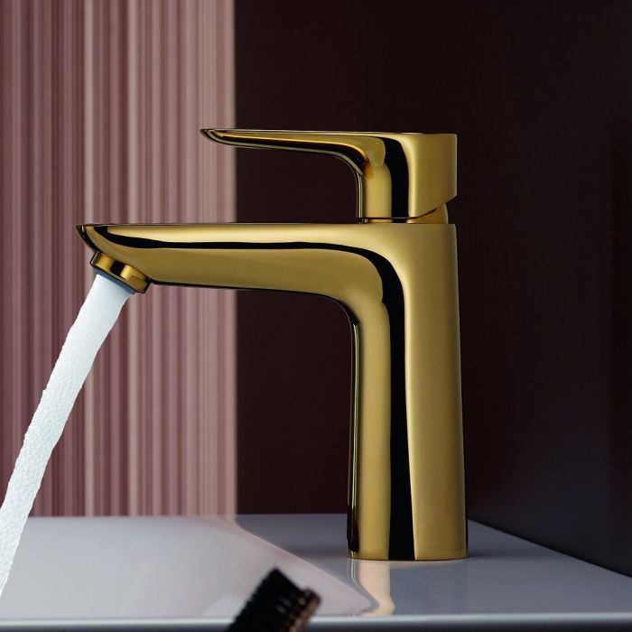 Pesuallashana Hansgrohe Talis E 110, jossa on pop-up pohjaventtiili, kiillotettu kultainen pinta